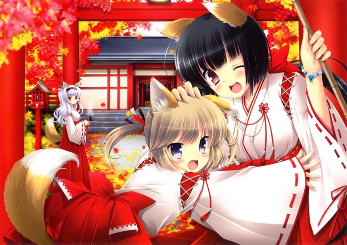 Kitsune shrine maidens in autumn