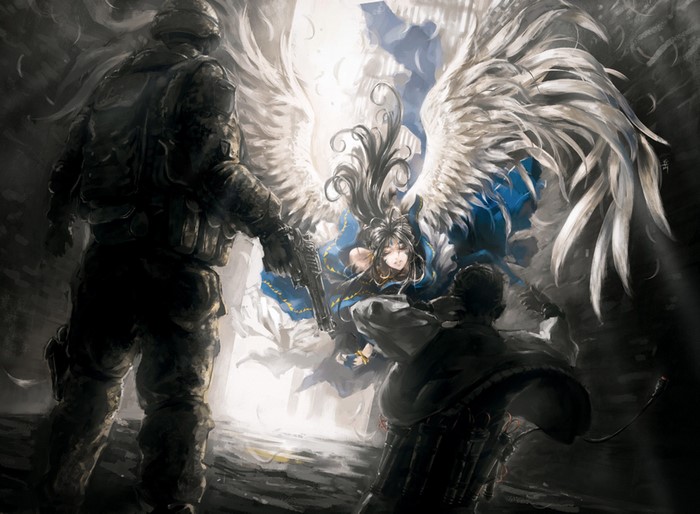 Soldier aims gun at winged angel with warriors