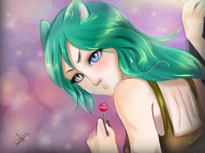 Anime girl with green hair and cat ears holding a lollipop