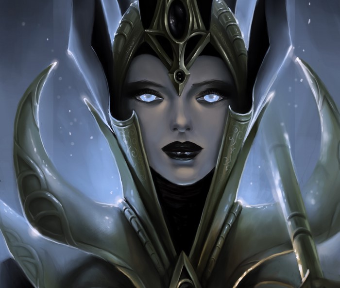 A woman with glowing eyes and dark lipstick