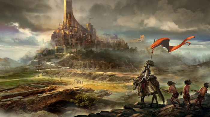 Knight with banner pulled by villagers towards a fantasy city