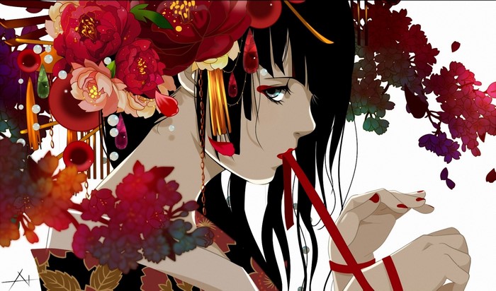 Painting of a woman with flowers in her hair