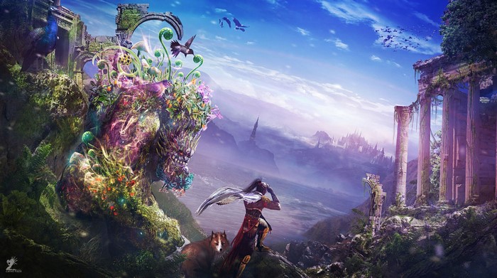 Fantasy creature and ruins in a mystical landscape