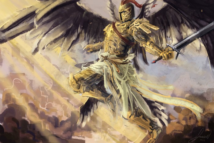 Warrior Angel in Golden Armor with Sword and Wings