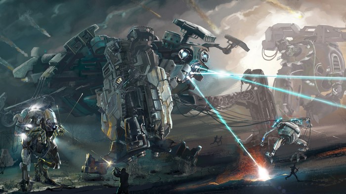 Giant robots and soldiers in a battlefield