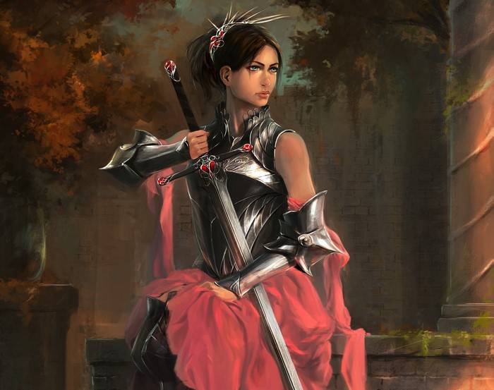 Warrior Woman in Armor with Swords