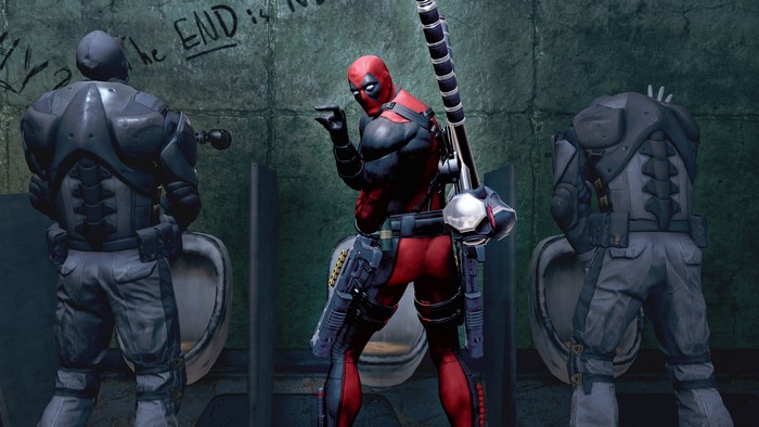 Deadpool from Heroes Comics in a bathroom