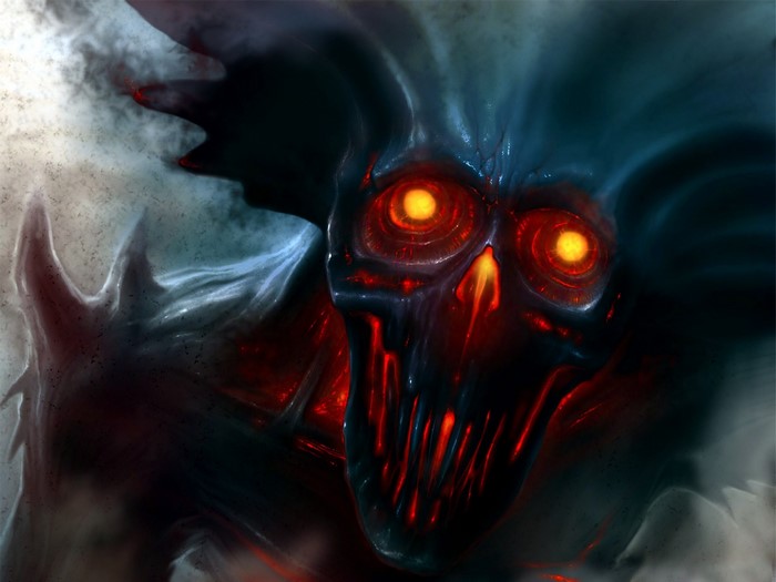 A terrifying monster with glowing red eyes