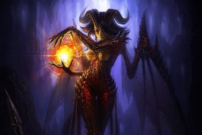 Demoness with horns holding a magic orb