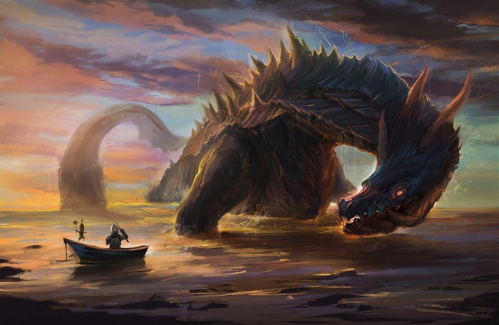 Fisherman in a boat facing a giant sea monster
