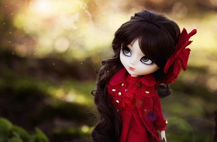 Doll with brown hair wearing a red dress