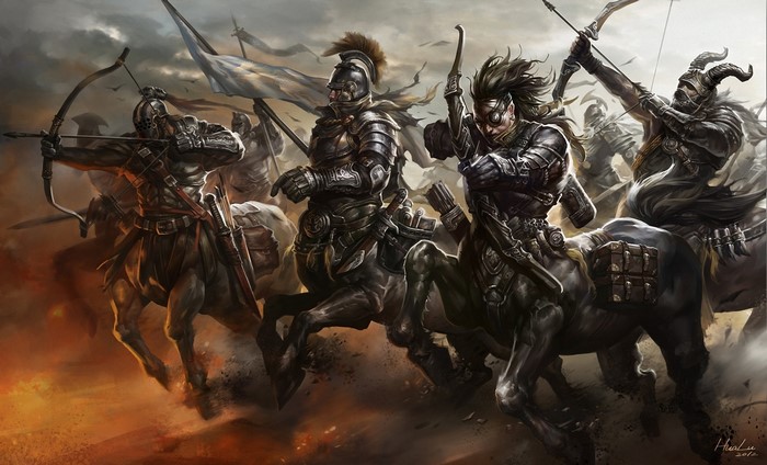 Centaurs in armor with bows and arrows charging forward