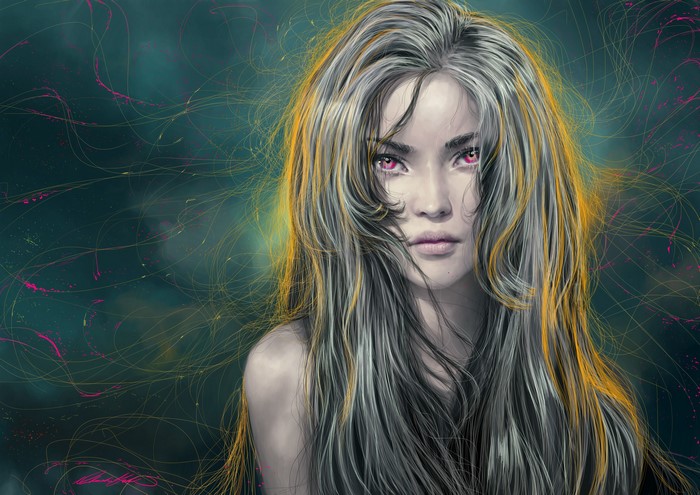 Woman with long grey and yellow hair