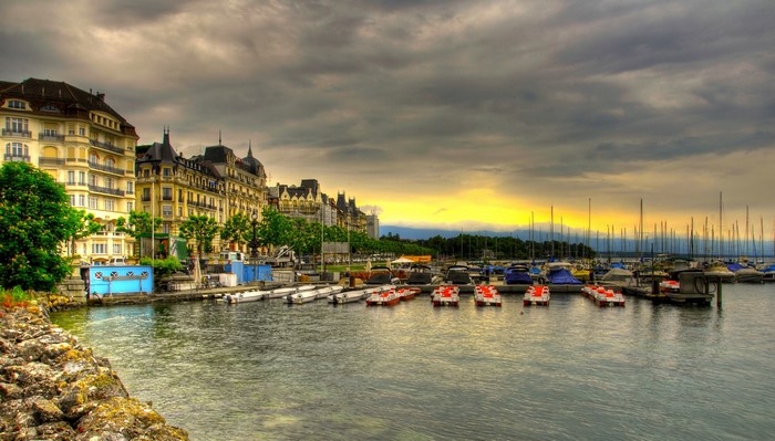 Geneva, Switzerland Marina with Boats and Buildings