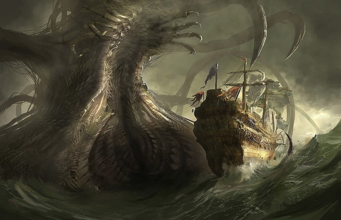 Giant monster attacking a sailing ship in stormy seas