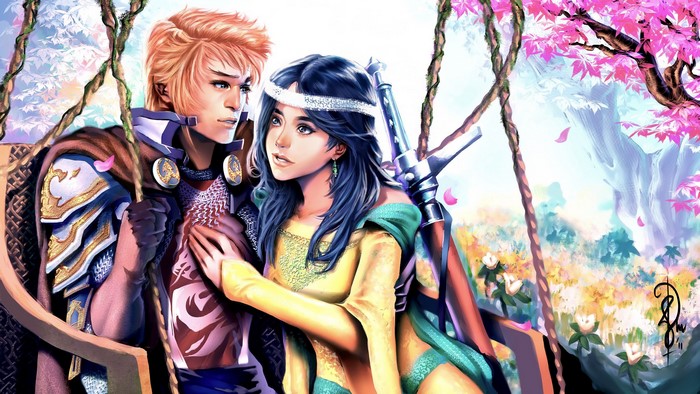 Couple in a swing with a fantasy background