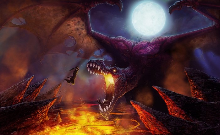 Dragon Roaring Over Lava Field Under Full Moon