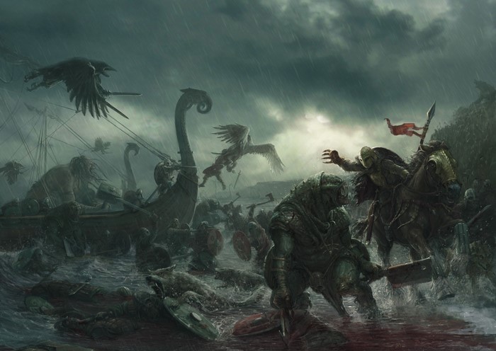 Orcs and Vikings battle in a stormy sea with flying creatures