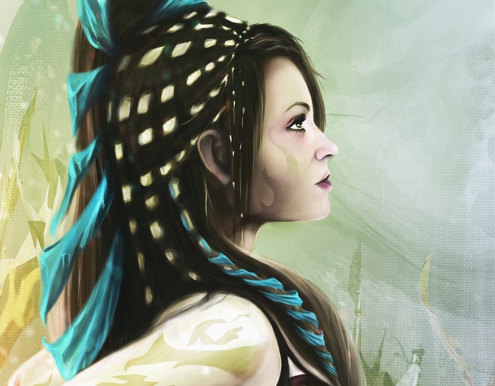 Painting of a Brunette Girl with Blue Hair Accessories