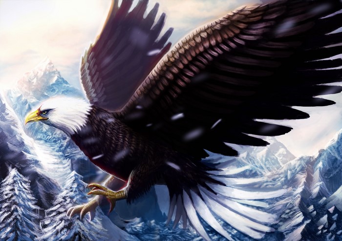 Bald eagle flying over snowy mountains