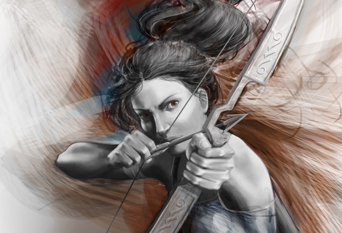 Lara Croft from Tomb Raider aiming a bow