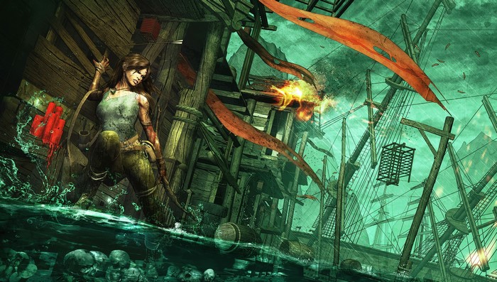 Lara Croft from Tomb Raider on a sinking ship