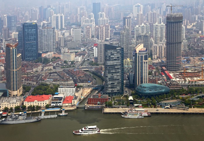 Shanghai skyline with skyscrapers and river