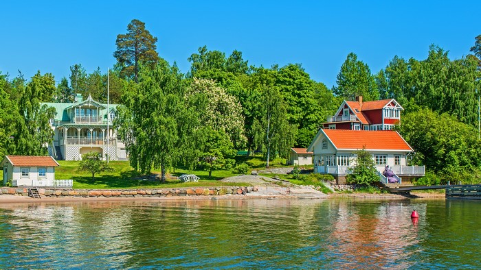 Houses on the shore of a river in Vaxholm, Sweden