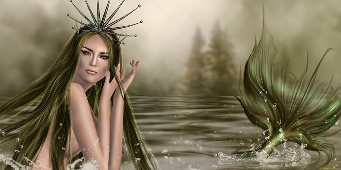 Mermaid with green hair and tail in water
