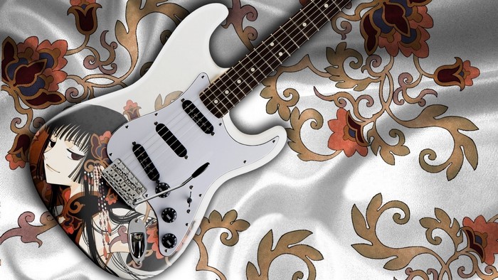 Anime girl on a white electric guitar with floral pattern