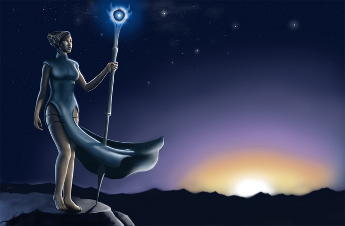Woman with magic staff under starry sky at sunrise