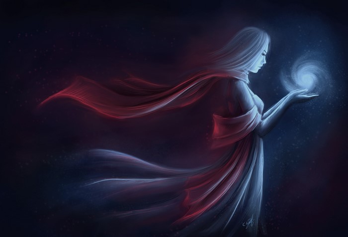 Woman holding a swirling galaxy in her hands