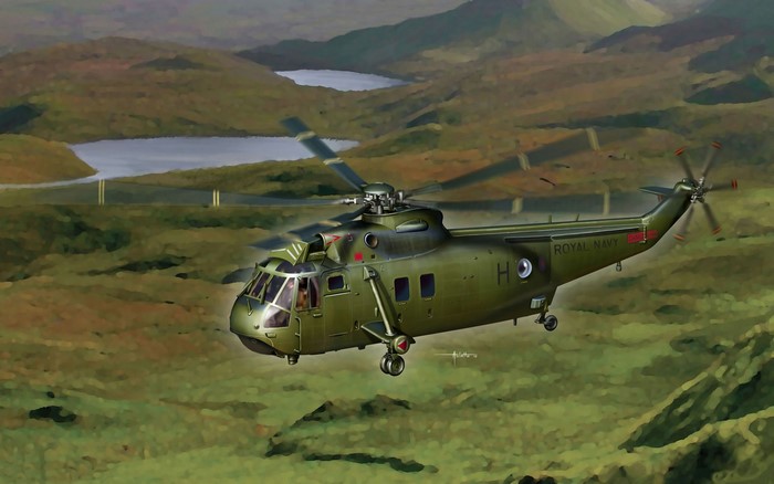 WS-61 Sea King Commando helicopter in flight over landscape