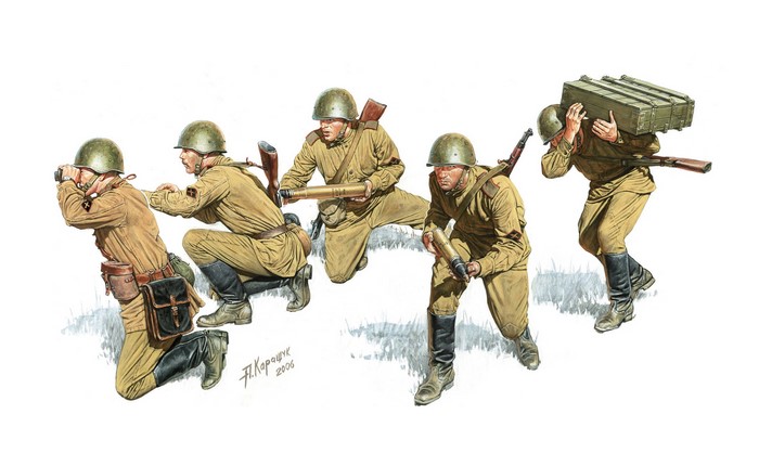 Soviet soldiers advancing with artillery shells