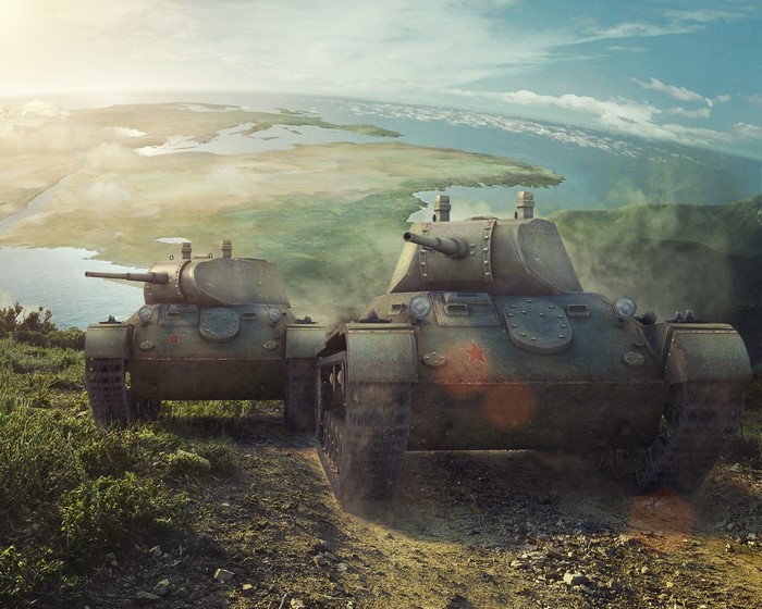 T-127 tanks from World of Tanks on a hill