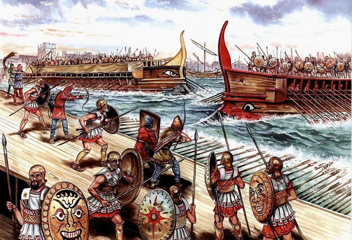 Ancient naval battle with warriors on ships