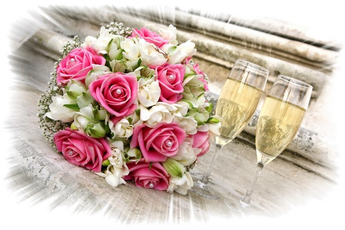 Pink Roses Bouquet and Champagne Glasses