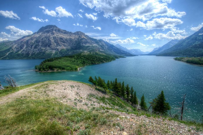 Waterton Lakes National Park Scenery with Mountains and Lake