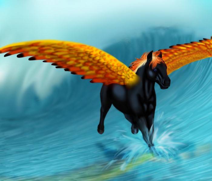 Black Pegasus with fiery wings on a wave