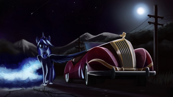 Princess Luna from My Little Pony with a vintage car at night