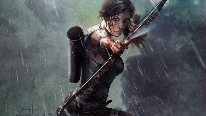 Lara Croft from Tomb Raider with a bow in the rain