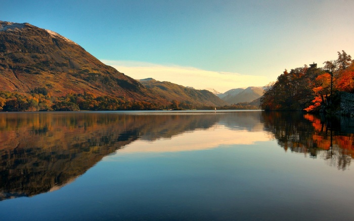 Lake reflection of mountains and autumn trees