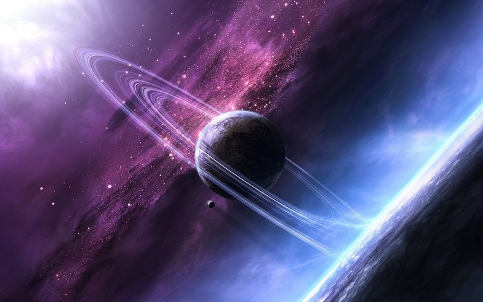 Planet with rings and nebula