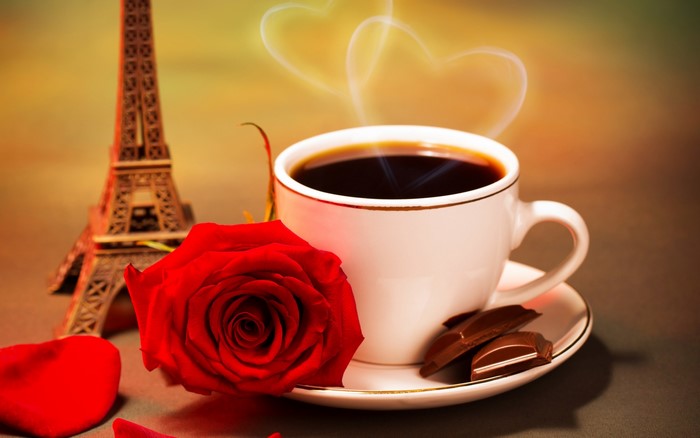 Cup of Coffee with Rose and Eiffel Tower