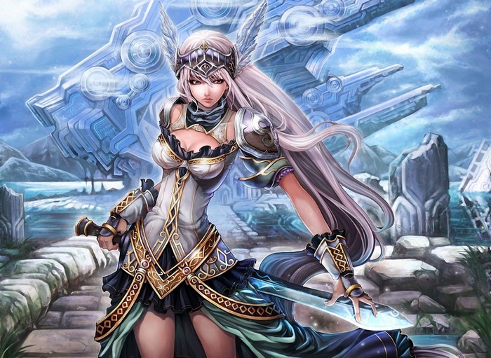 Female warrior with sword in futuristic landscape