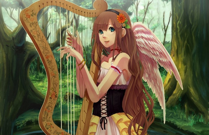 Angel playing a harp in a forest