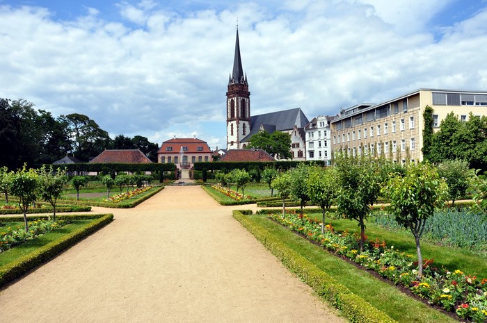 Park with church and buildings in Darmstadt, Germany