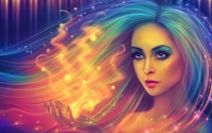 Woman with colorful magical hair and glowing energy
