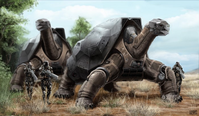 Giant robotic turtles with soldiers in a field
