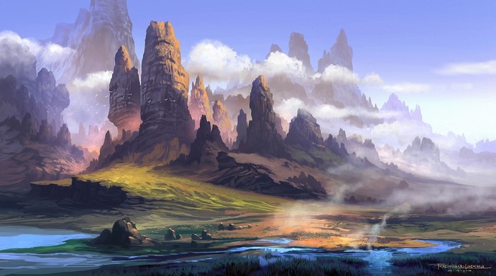 Fantasy landscape with rock formations and mist